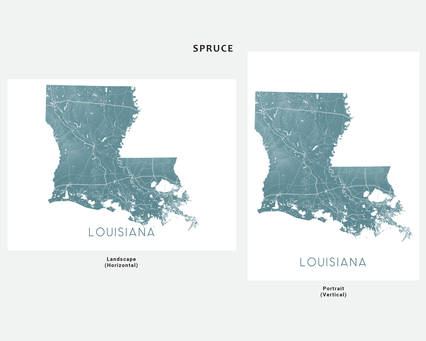 Louisiana state map print in Spruce by Maps As Art.