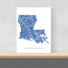 Louisiana map art print in blue shapes designed by Maps As Art.