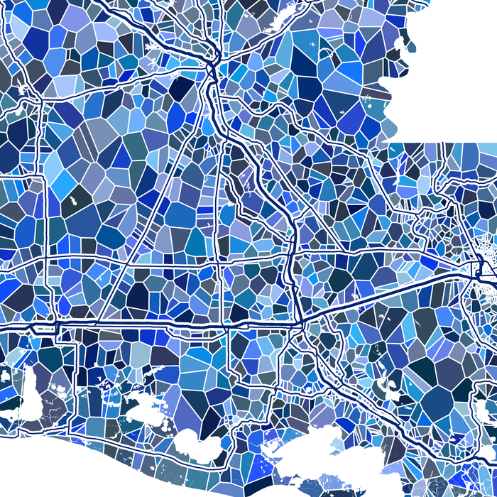 Louisiana map art print in blue shapes designed by Maps As Art.