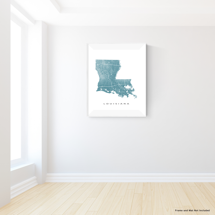 Louisiana state map print with natural landscape and main roads in Marine designed by Maps As Art.
