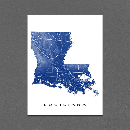 Louisiana state map print with natural landscape and main roads in Navy designed by Maps As Art.
