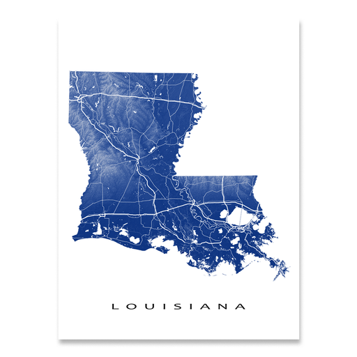 Louisiana state map print with natural landscape and main roads in Navy designed by Maps As Art.