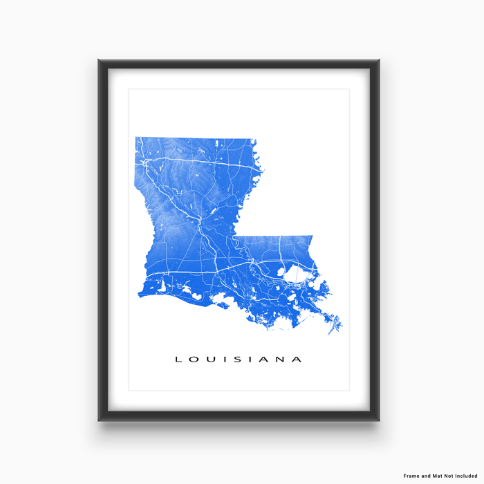 Louisiana state map print with natural landscape and main roads in Blue designed by Maps As Art.