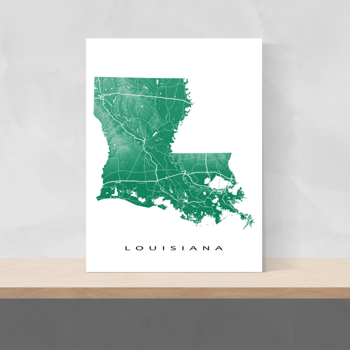 Louisiana state map print with natural landscape and main roads in Green designed by Maps As Art.
