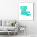 Louisiana state map print with natural landscape and main roads in Turquoise designed by Maps As Art.