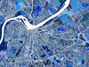Louisville, Kentucky map art print in blue shapes designed by Maps As Art.