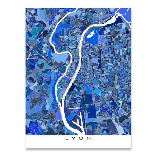 Lyon, France map art print in blue shapes designed by Maps As Art.