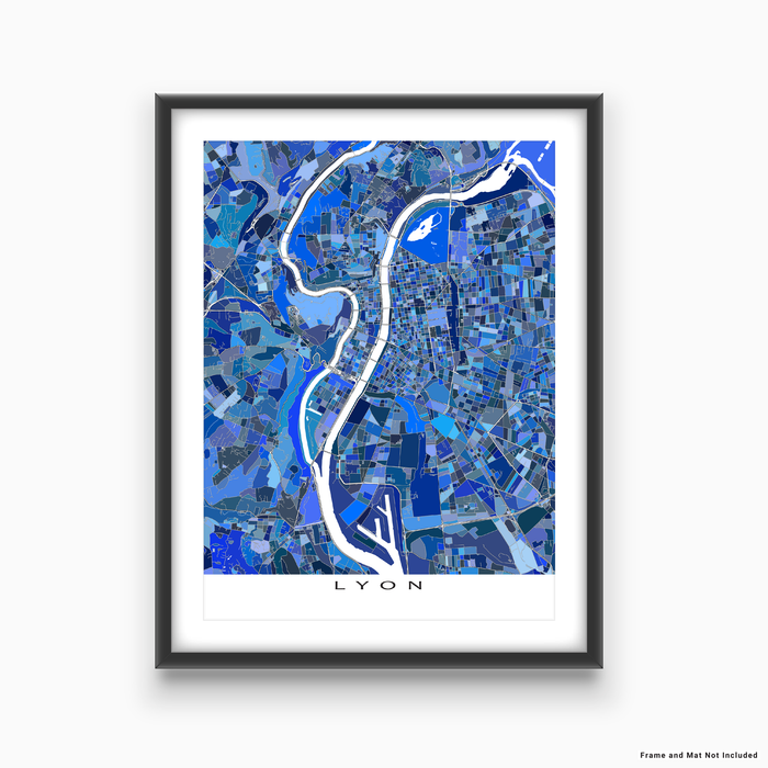 Lyon, France map art print in blue shapes designed by Maps As Art.