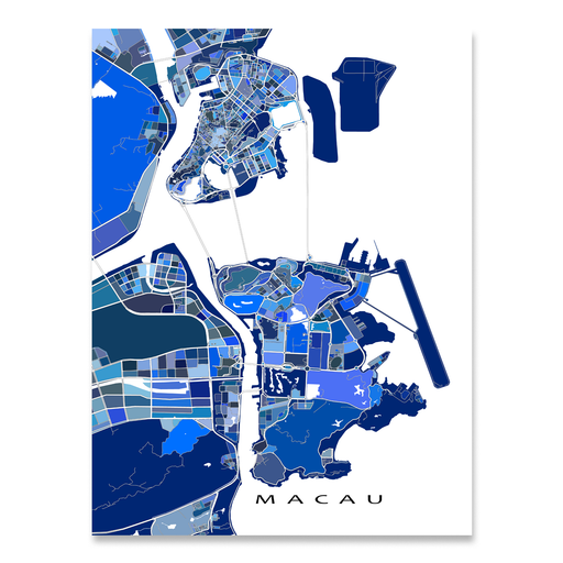 Macau map art print in blue shapes designed by Maps As Art.