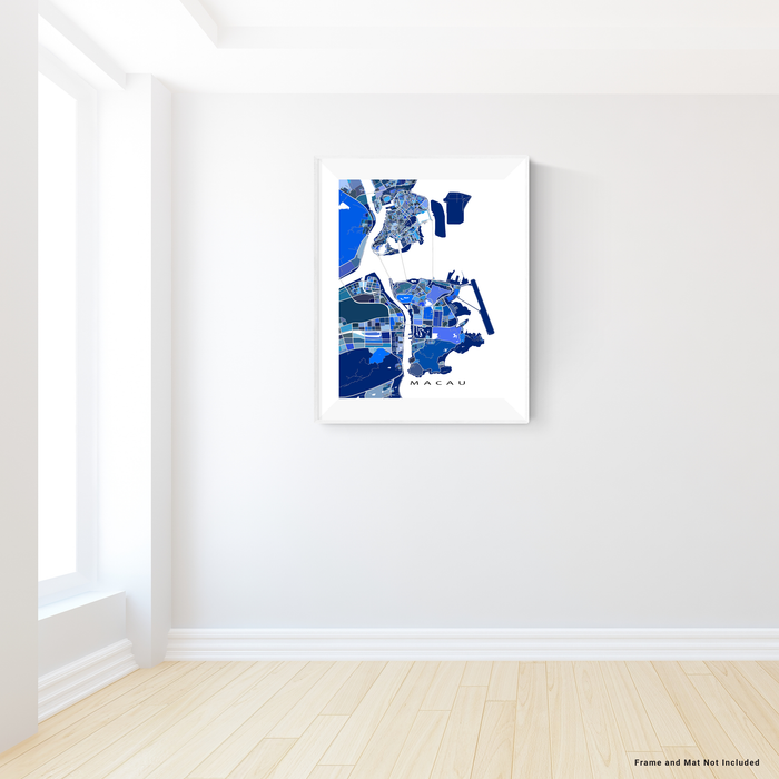 Macau map art print in blue shapes designed by Maps As Art.