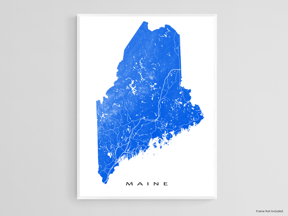 Maine state map print with natural landscape and main roads designed by Maps As Art.