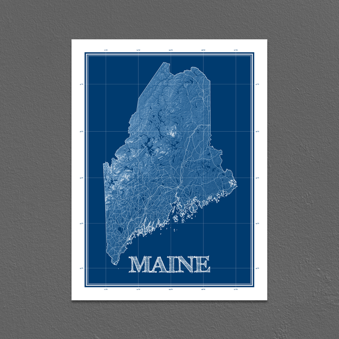 Maine state blueprint map art print designed by Maps As Art.