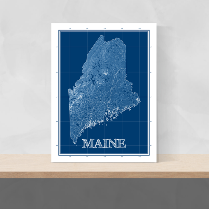 Maine state blueprint map art print designed by Maps As Art.