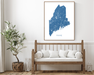 Maine state map print with wooden bench home decor by Maps As Art.