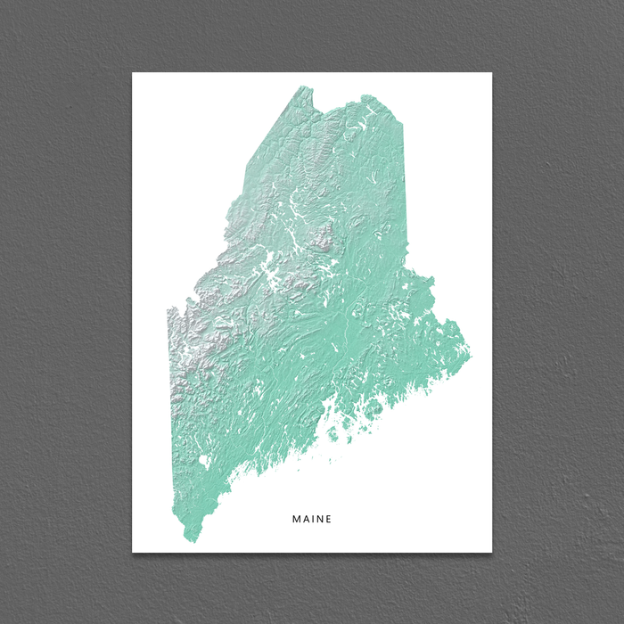 Maine state map print with natural landscape in aqua tints designed by Maps As Art.