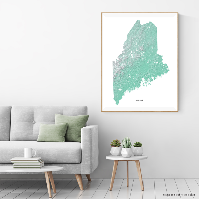 Maine state map print with natural landscape in aqua tints designed by Maps As Art.