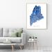 Maine state map art print in blue shapes designed by Maps As Art.