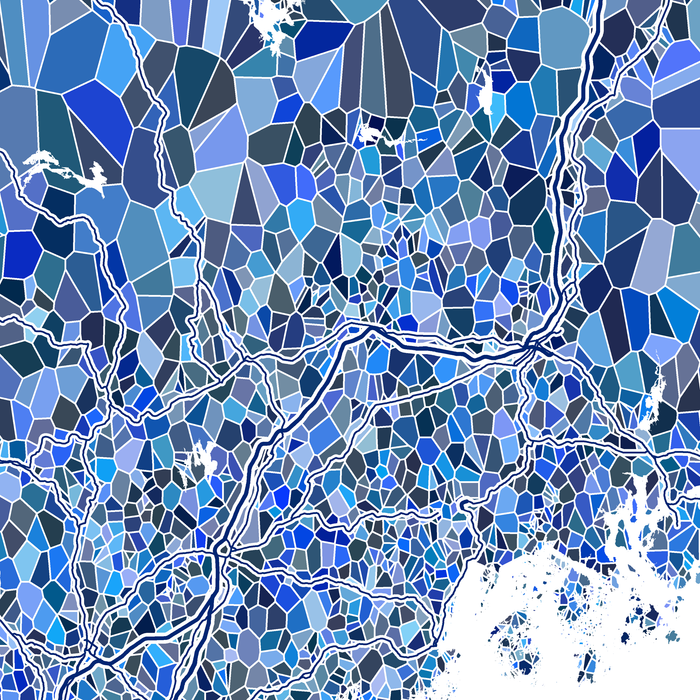 Maine state map art print in blue shapes designed by Maps As Art.