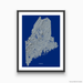 Maine state map print with natural landscape in greyscale and a navy blue background designed by Maps As Art.