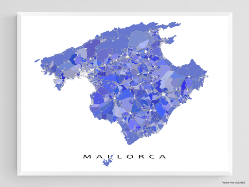 Mallorca, Spain map art print in blue, purple and lavender shapes designed by Maps As Art.