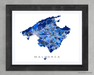 Mallorca Spain map print in a blue shapes design by Maps As Art.