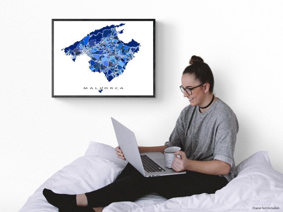 Mallorca Spain map print in a blue shapes design by Maps As Art.
