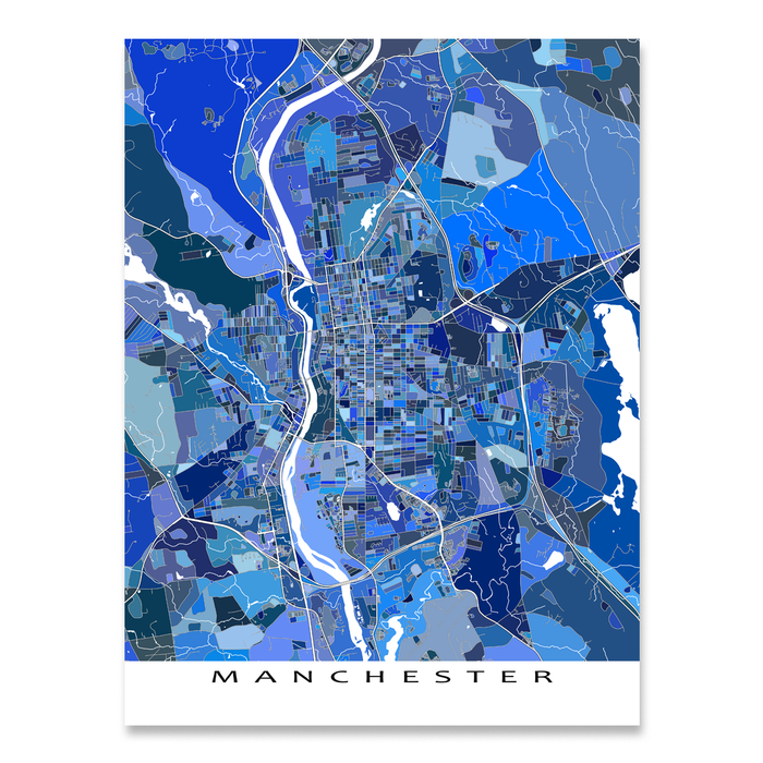 Manchester, New Hampshire map art print in blue shapes designed by Maps As Art.