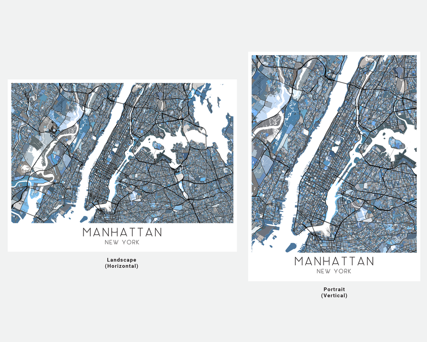 Manhattan New York city map print with a denim blue geometric design by Maps As Art.
