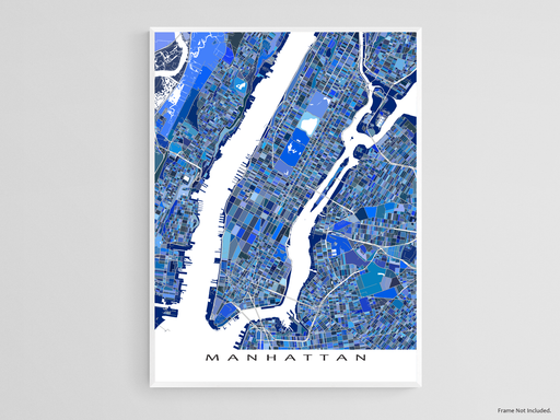 Manhattan, New York City map art print in blue shapes designed by Maps As Art.