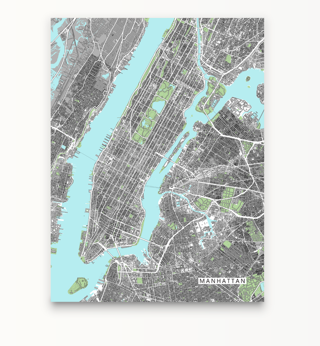 Manhattan, New York City map art print with city streets and buildings designed by Maps As Art.