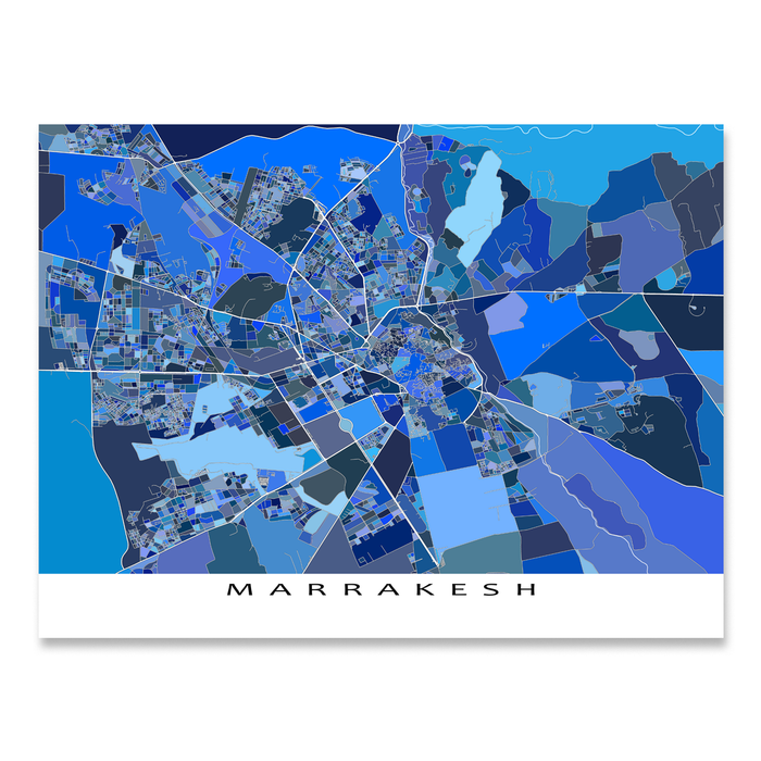 Marrakesh, Morocco map art print in blue shapes designed by Maps As Art.