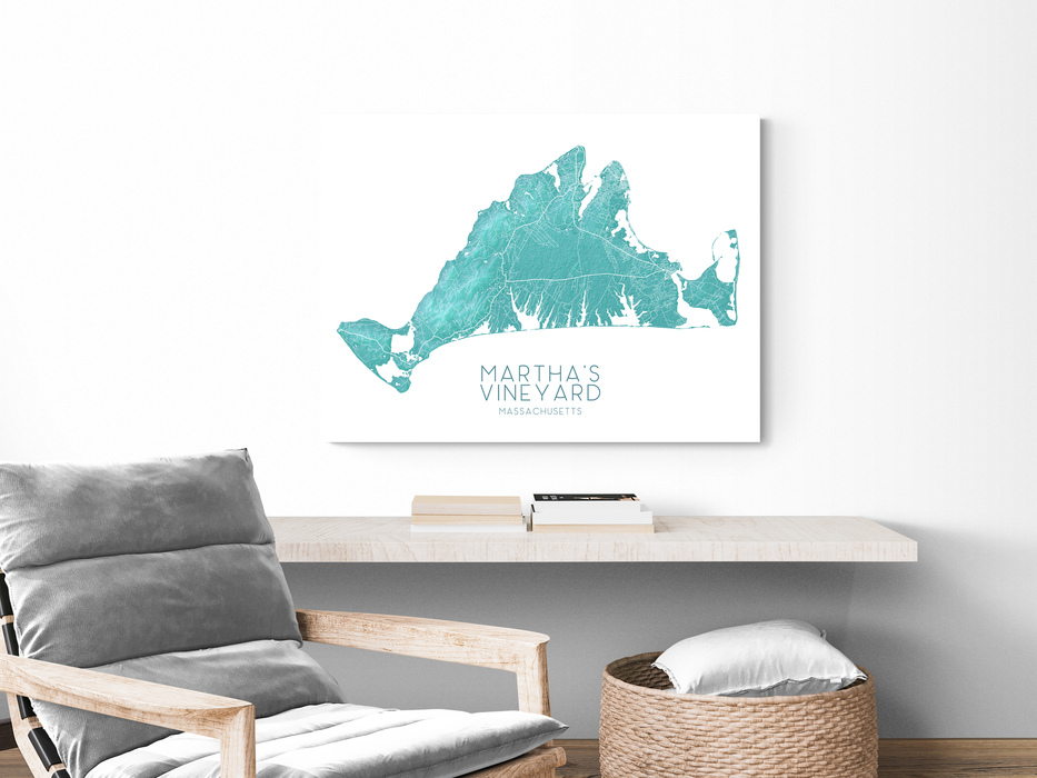 Martha's Vineyard island map print with a turquoise topographic design by Maps As Art.