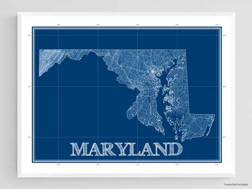 Maryland state blueprint map art print designed by Maps As Art.