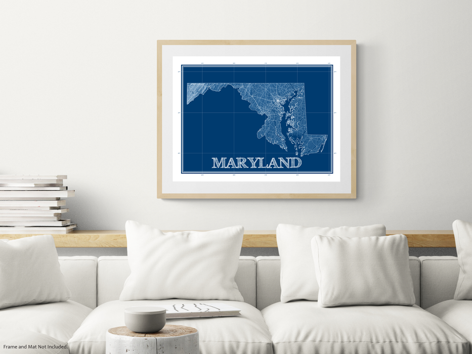 Maryland state blueprint map art print designed by Maps As Art.