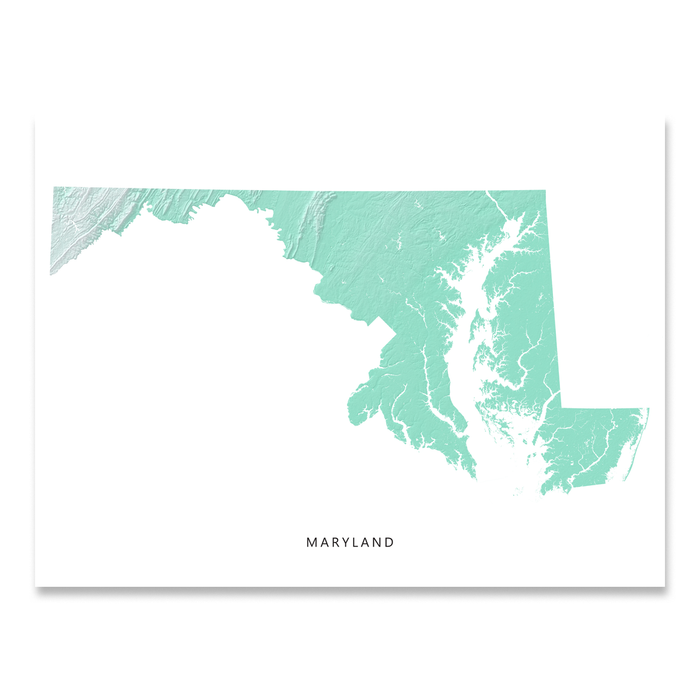 Maryland state map print with natural landscape in aqua tints designed by Maps As Art.