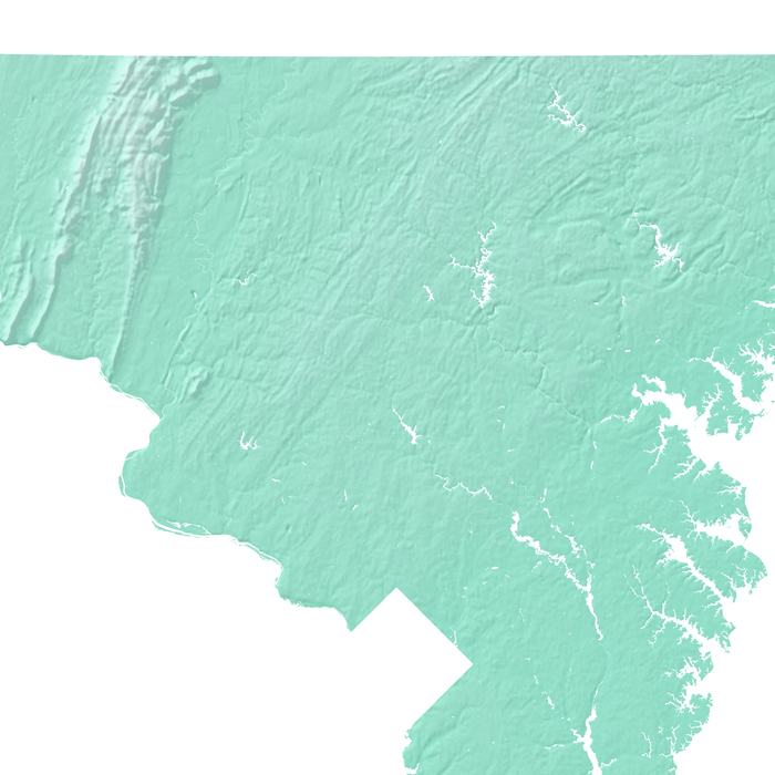 Maryland state map print with natural landscape in aqua tints designed by Maps As Art.