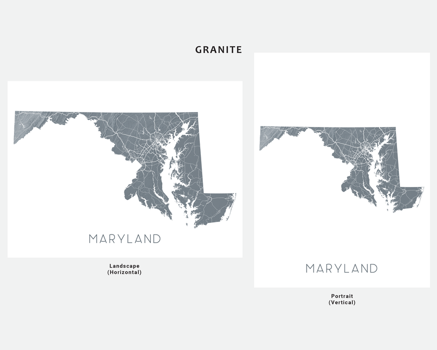 Maryland state map print in Granite by Maps As Art.