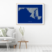 Maryland state map print with natural landscape in greyscale and a navy blue background designed by Maps As Art.