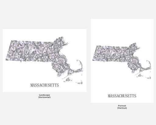 Massachusetts map print in a black and white design by Maps As Art.