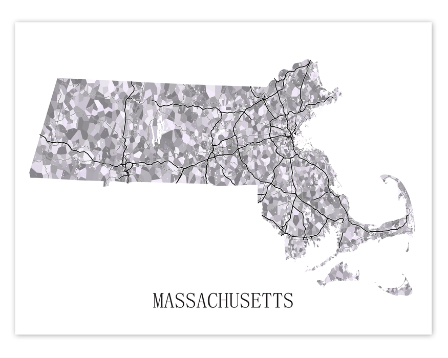 Massachusetts map print in a black and white design by Maps As Art.