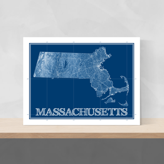 Massachusetts state blueprint map art print designed by Maps As Art.