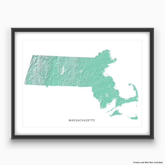 Massachusetts state map print with natural landscape in aqua tints designed by Maps As Art.