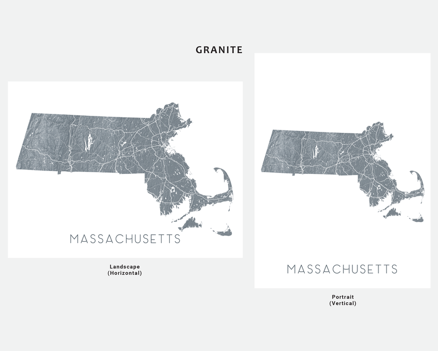 Massachusetts map wall art print in Granite by Maps As Art.