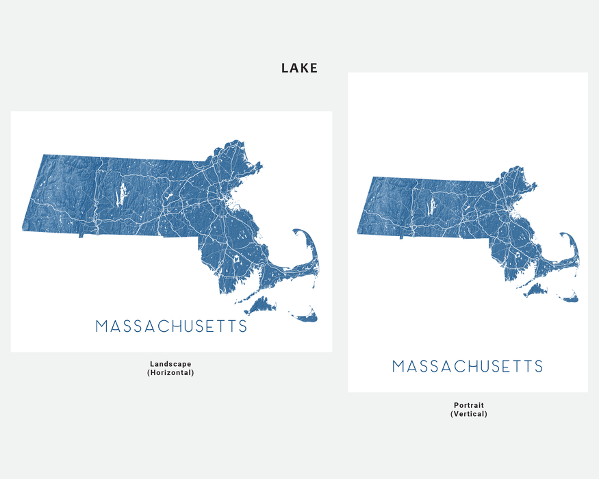 Massachusetts map wall art print in Lake by Maps As Art.