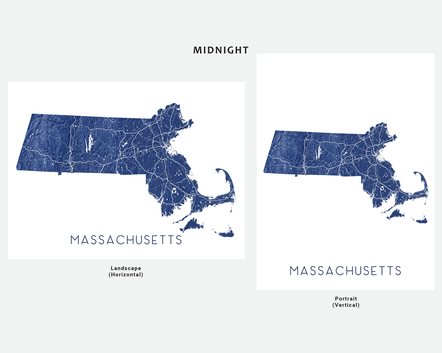 Massachusetts map wall art print in Midnight by Maps As Art.