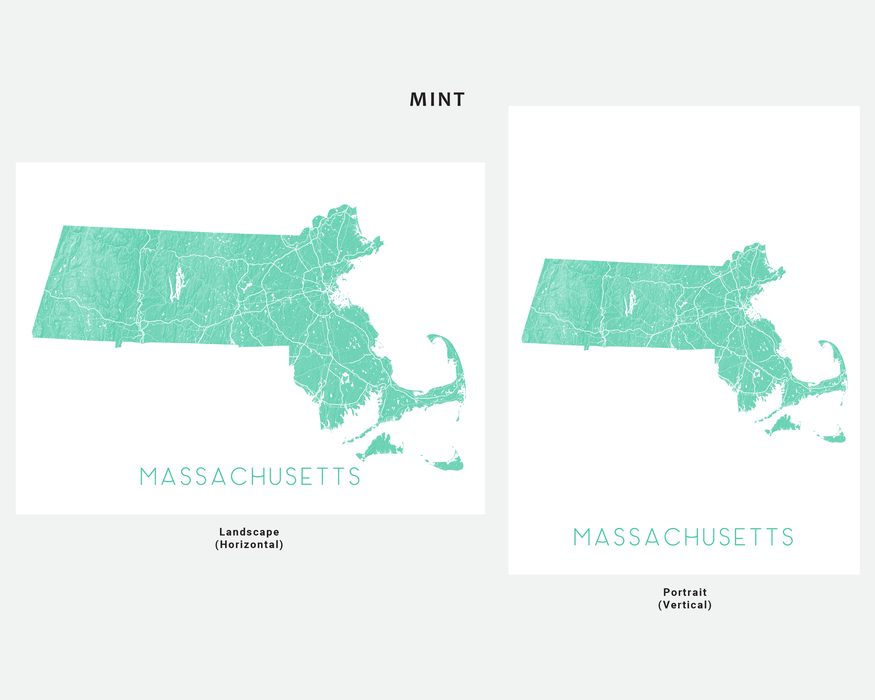 Massachusetts map wall art print in Mint by Maps As Art.
