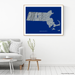 Massachusetts state map print with natural landscape in greyscale and a navy blue background designed by Maps As Art.