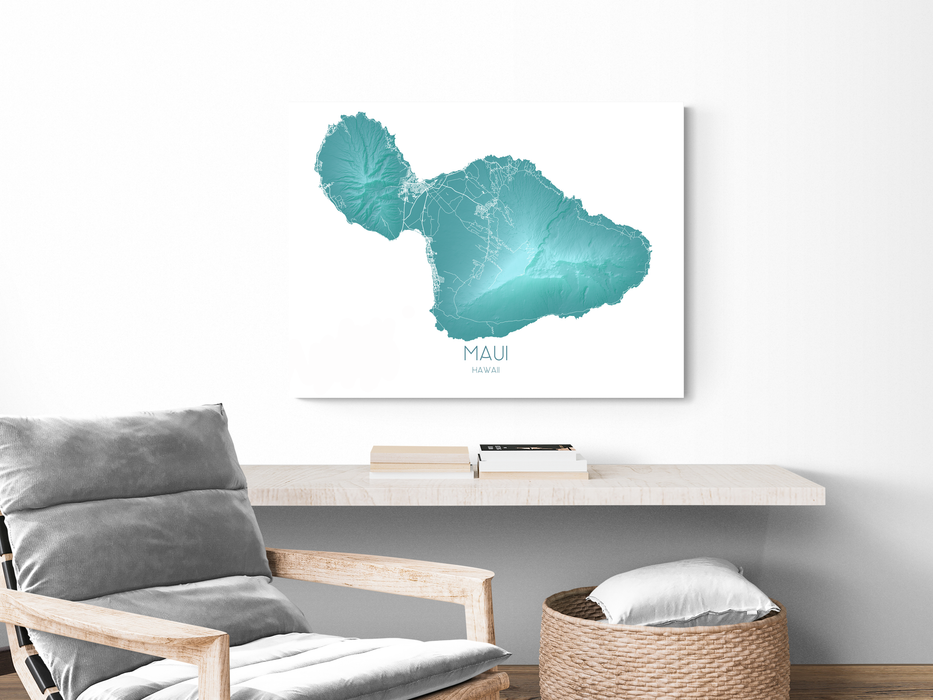 Maui Hawaii map print in turquoise by Maps As Art.