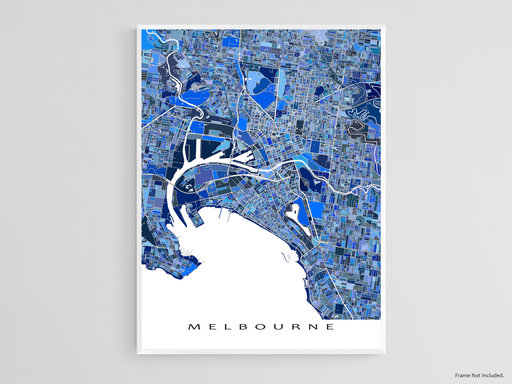 Melbourne, Austalia map art print in blue shapes designed by Maps As Art.