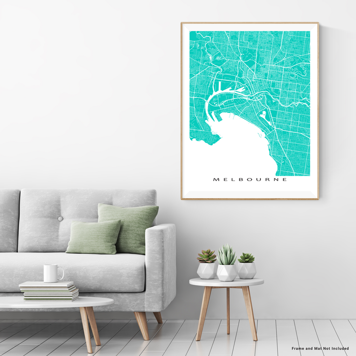 Melbourne, Australia map print with city streets and roads in Turquoise designed by Maps As Art.